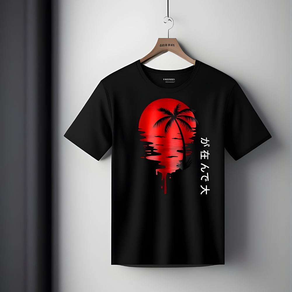 Japanese Aesthetic Sunset Palm Tree Graphic Tee – Urban Streetwear Black T-Shirt