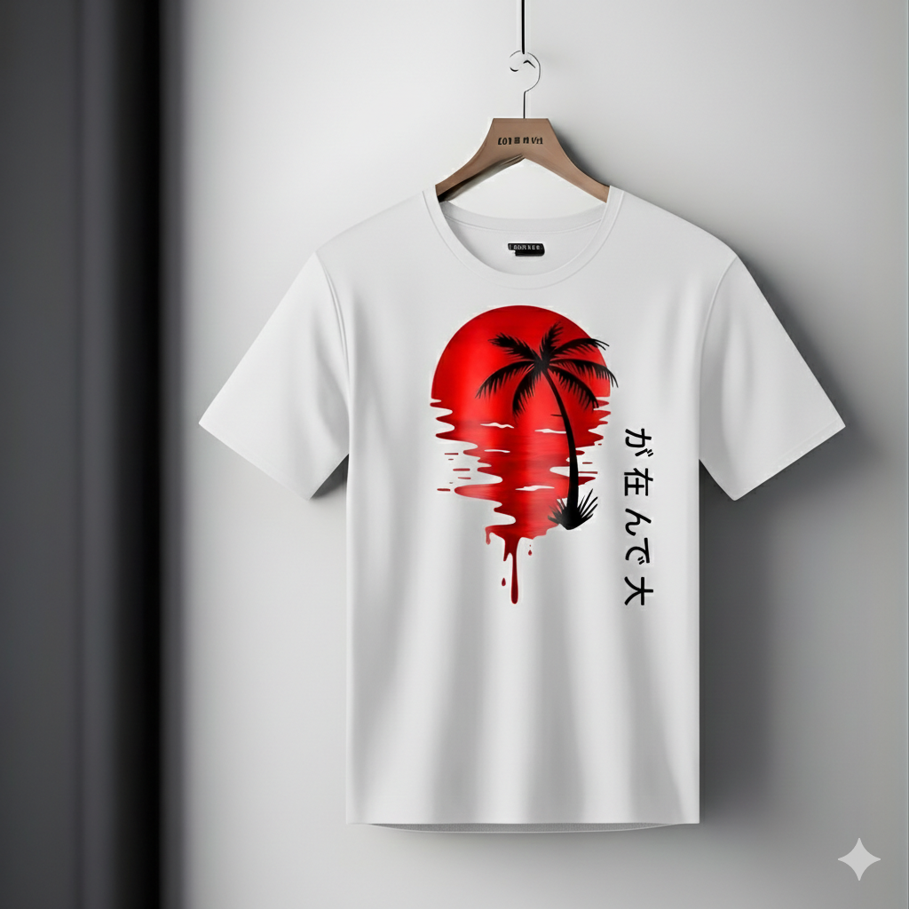 Japanese Aesthetic Sunset Palm Tree Graphic Tee – Urban Streetwear Black T-Shirt