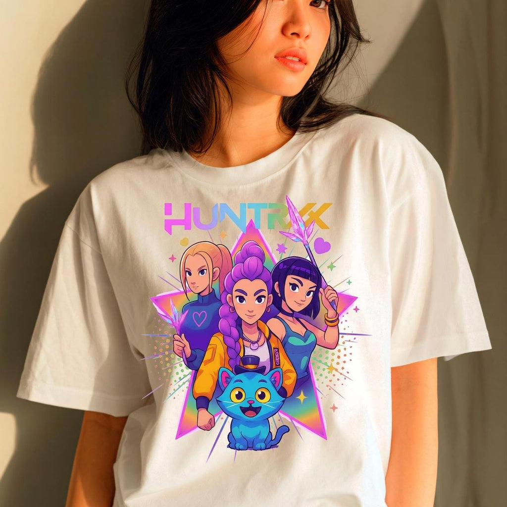 HUNTRXX Anime Graphic T-Shirt - Magical Girl Trio & Blue Cat Tee