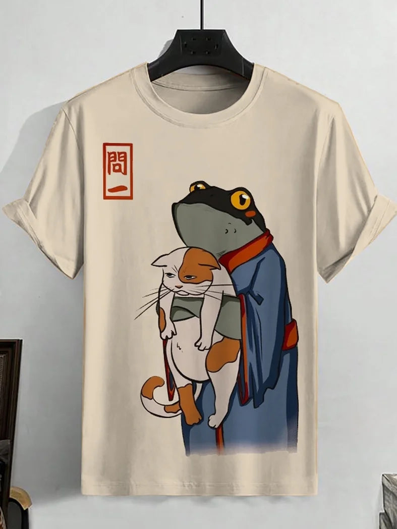 Vintage Style Japanese Frog & Calico Cat Shirt - Minimalist Graphic Tee