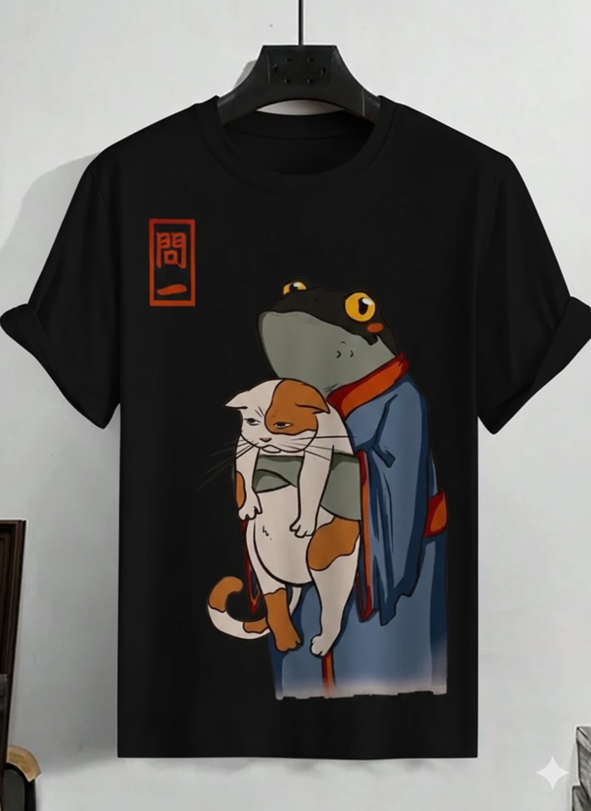 Vintage Style Japanese Frog & Calico Cat Shirt - Minimalist Graphic Tee