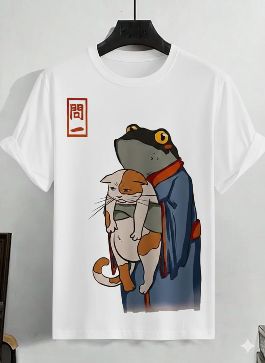 Vintage Style Japanese Frog & Calico Cat Shirt - Minimalist Graphic Tee