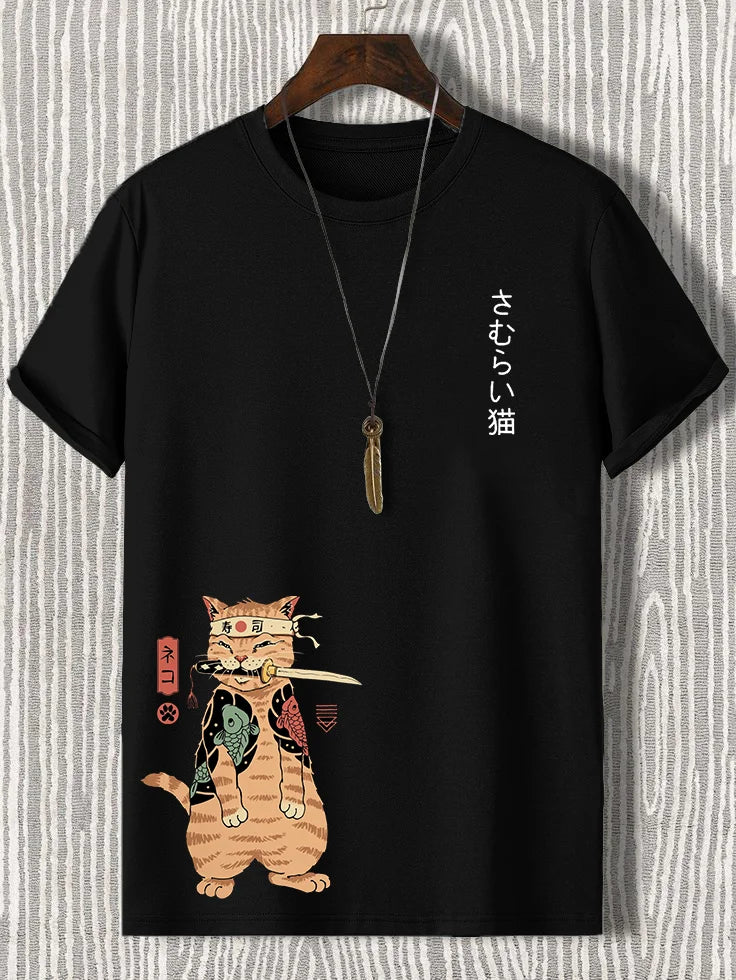Bushido Cat Graphic Shirt - Men’s Japanese Style Heavyweight Cotton Tee