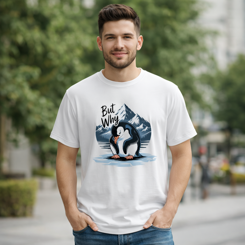 "But Why" Grumpy Penguin Graphic Tee – Funny Existential Humor T-Shirt