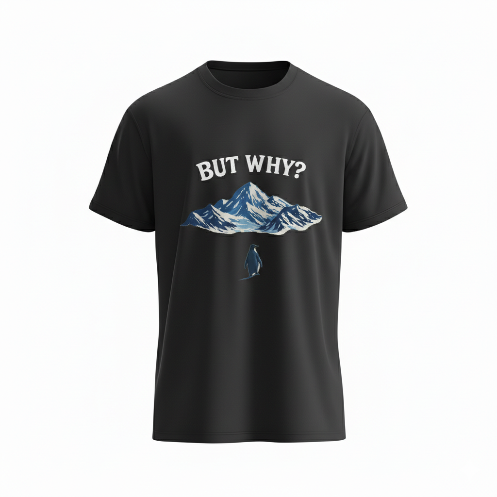 "But Why?" Penguin & Mountain – Existential Humor Graphic Tee
