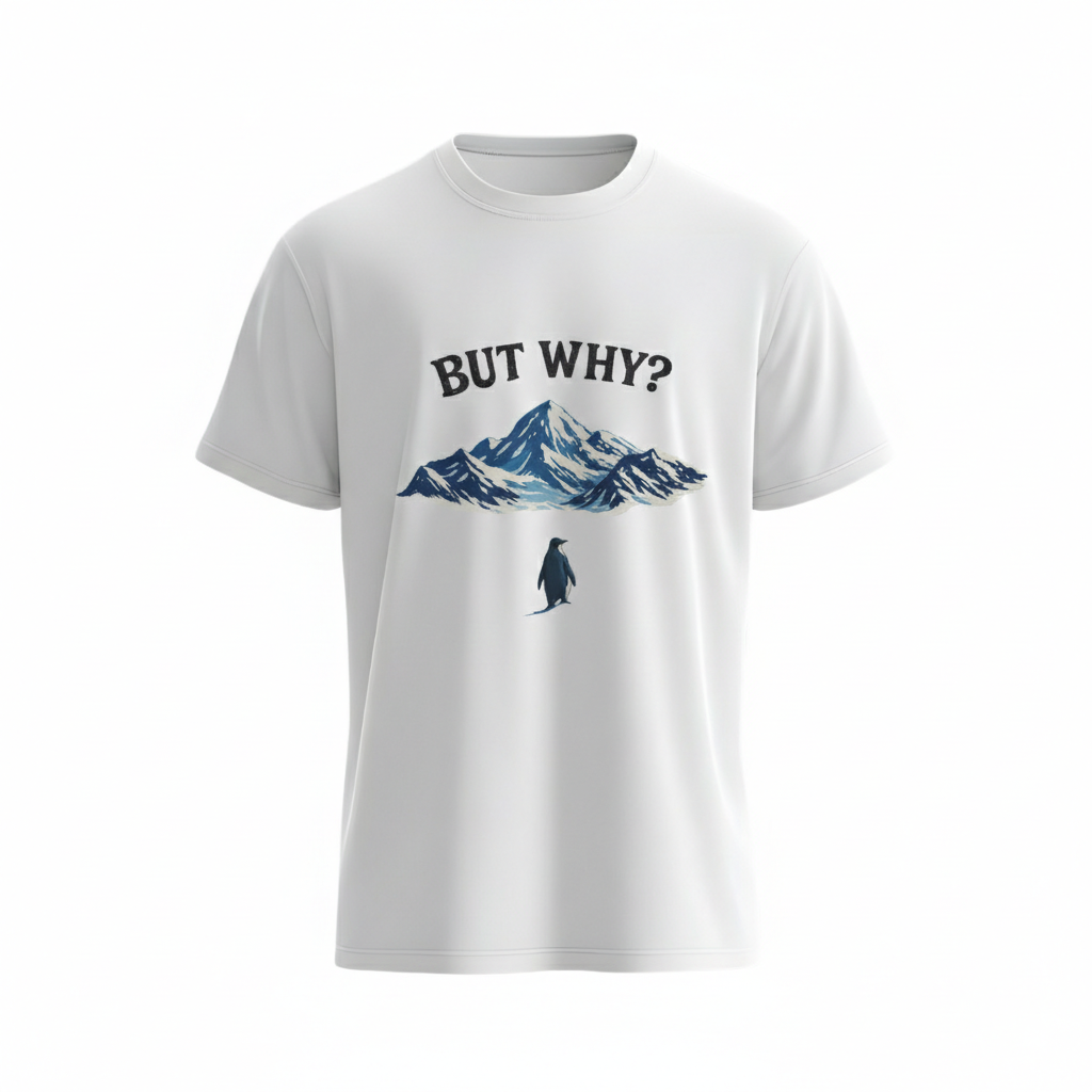 "But Why?" Penguin & Mountain – Existential Humor Graphic Tee