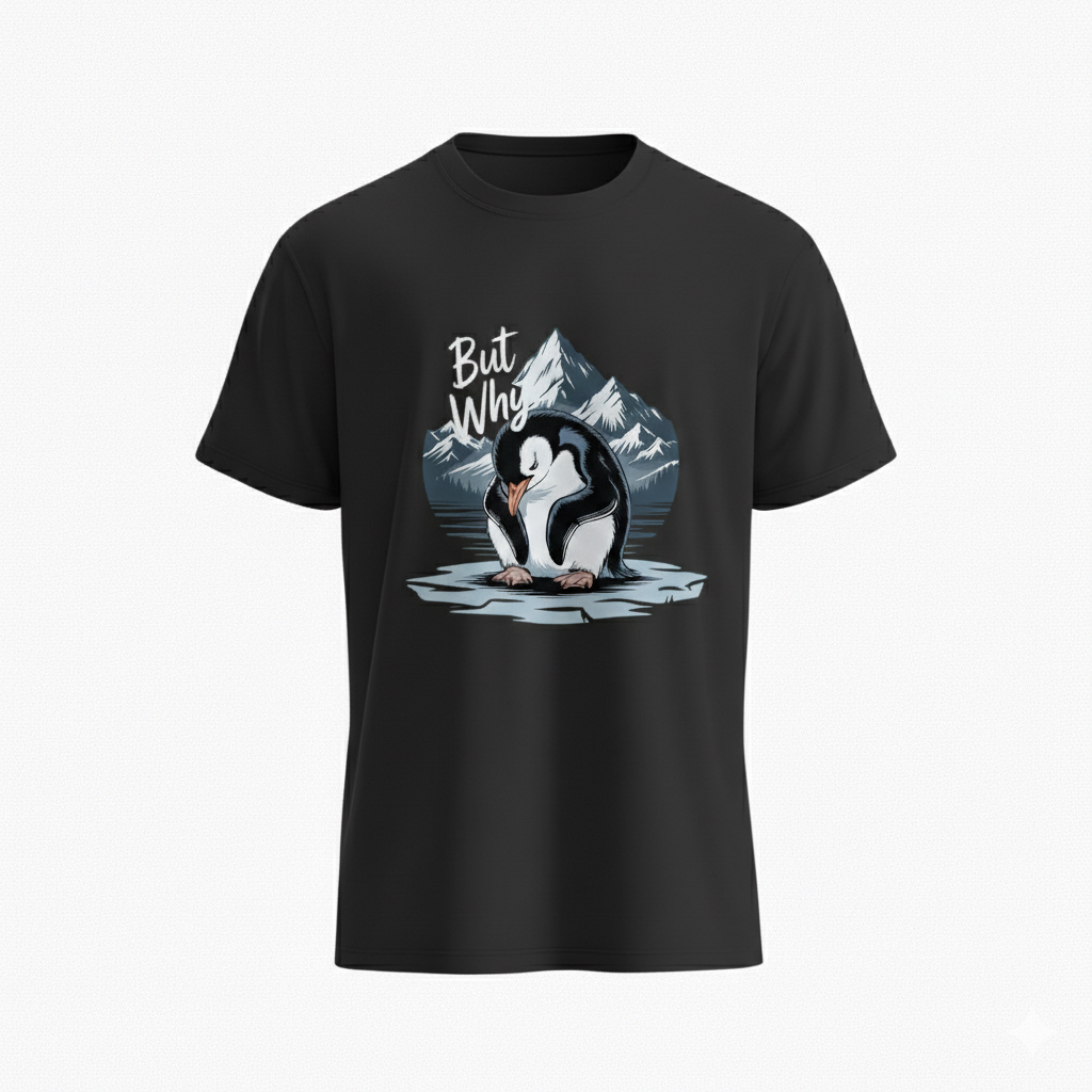 "But Why" Grumpy Penguin Graphic Tee – Funny Existential Humor T-Shirt