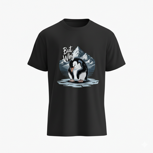 "But Why" Grumpy Penguin Graphic Tee – Funny Existential Humor T-Shirt