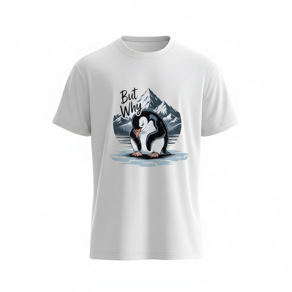 "But Why" Grumpy Penguin Graphic Tee – Funny Existential Humor T-Shirt