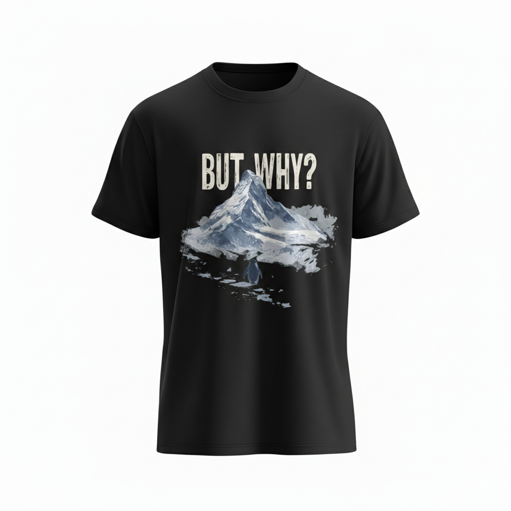 "But Why?" Penguin & Mountain – Existential Humor T-Shirt