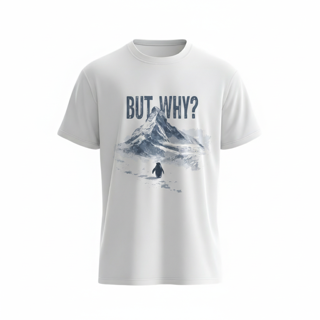 "But Why?" Penguin & Mountain – Existential Humor T-Shirt